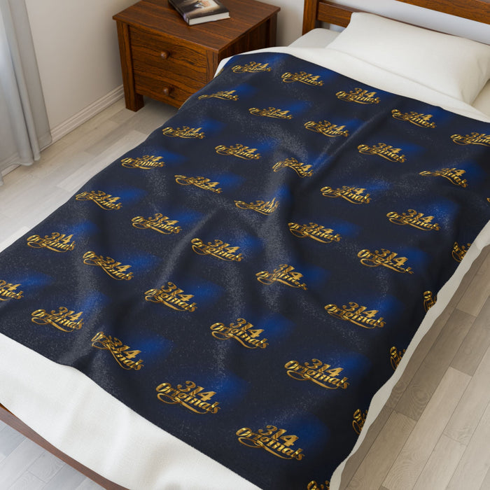 "314 Originals" Velveteen Plush Blanket – Navy Gold Repeating Logo Throw - 314 Originals