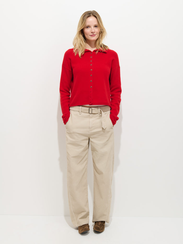A woman in a red shirt and 9th Street Pant In Fine Wale Cord from Alex Mill.