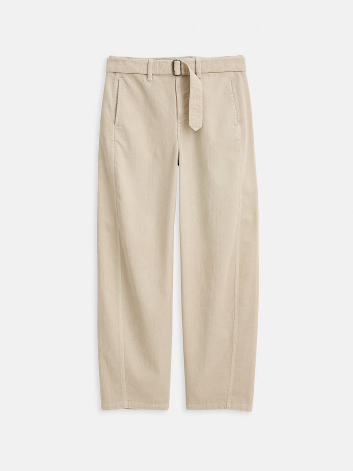 9th Street Pant in Fine Wale Cord: Beige wide-leg pants with a subtle barrel shape, side pockets, matching fabric belt with rectangular buckle, and front seams—signature Alex Mill style. Displayed against a white background.