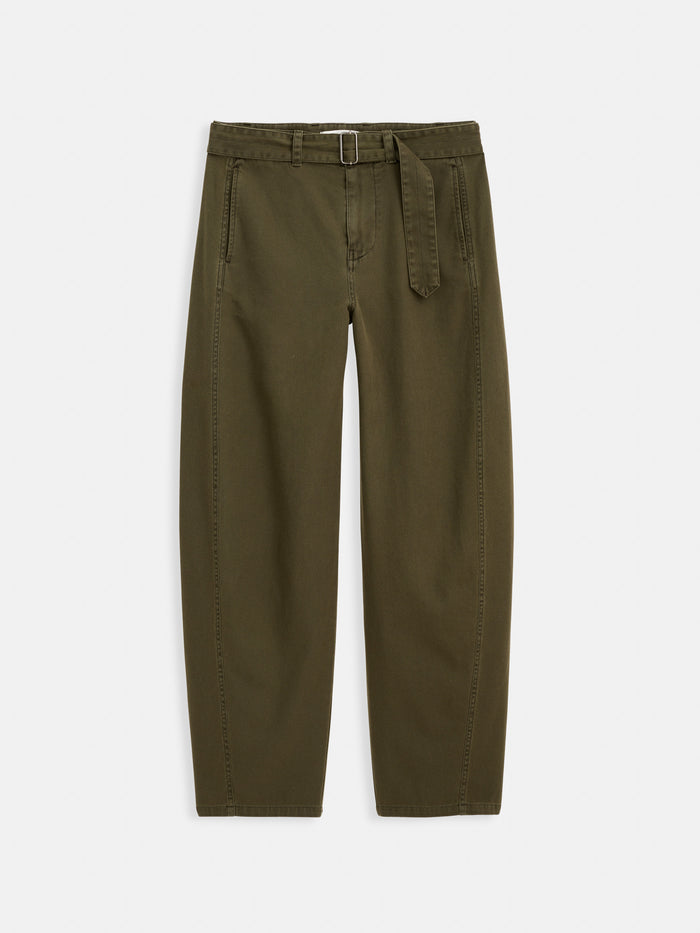 The 9th Street Pant, high-waisted and olive green with a self-belt, straight-leg cut, side pockets, and crafted from pigment-dyed cotton, is shown laid flat on a white background.