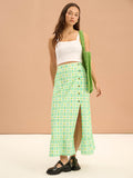 Adria Check Print Side Button Frill Hem Skirt in Green