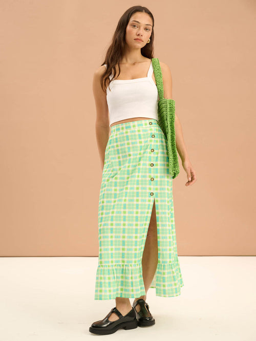 Adria Check Print Side Button Frill Hem Skirt in Green