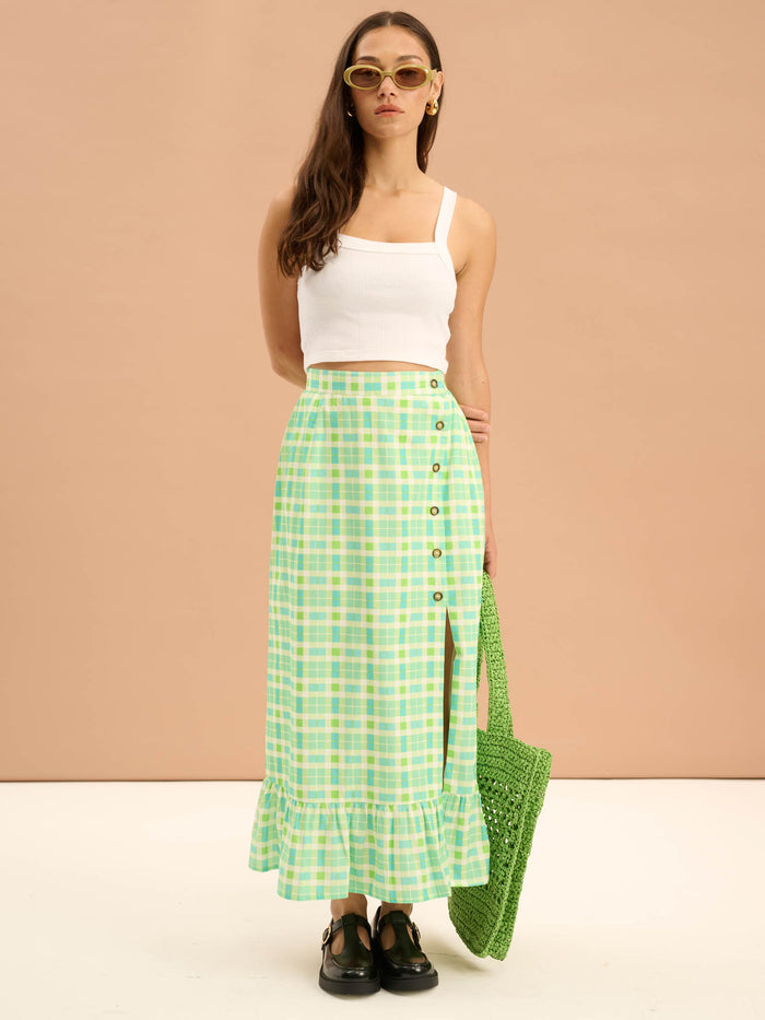 Adria Check Print Side Button Frill Hem Skirt in Green