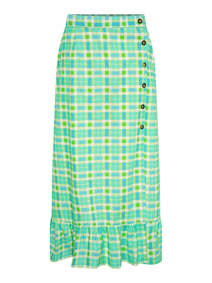 Adria Check Print Side Button Frill Hem Skirt in Green