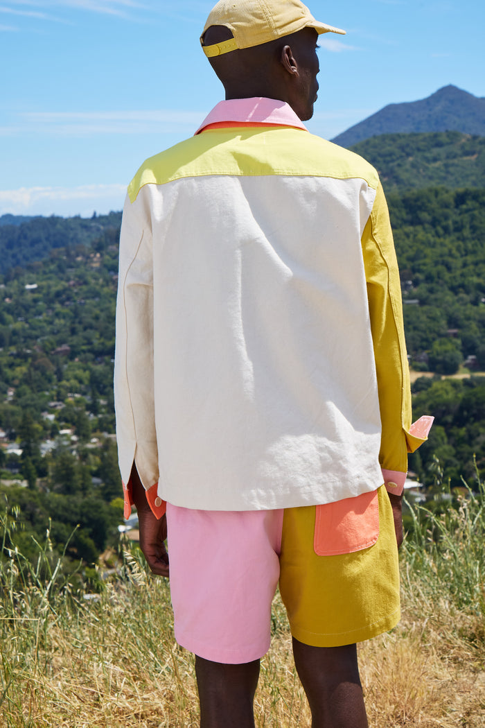 Wearing the Alex Mill x Quiet Town Saturday Shorts made from shower curtain canvas, a person dressed in a multicolored outfit and cap stands outdoors on grassy terrain, facing away as they look out over trees and distant mountains beneath a blue sky.