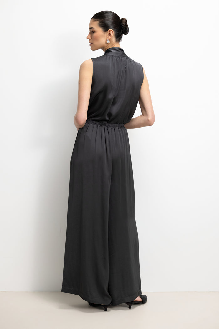 Arden Pleated Elastic Waist Satin Trousers | Anthracite
