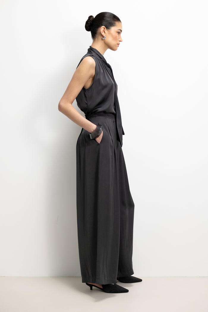 Arden Pleated Elastic Waist Satin Trousers | Anthracite