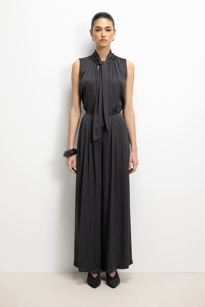 Arden Pleated Elastic Waist Satin Trousers | Anthracite