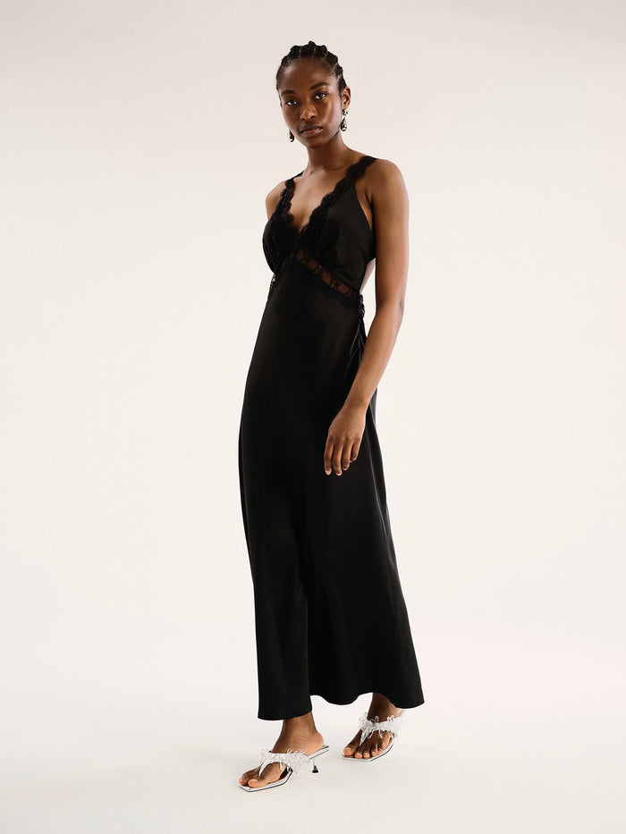 v neck black satin maxi dress with lace detailing and low back