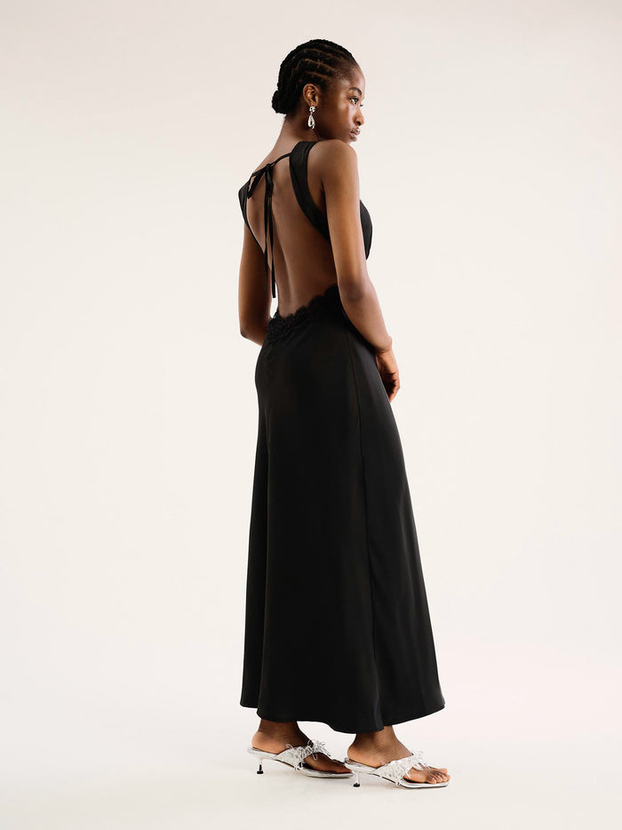 v neck black satin maxi dress with lace detailing and low back