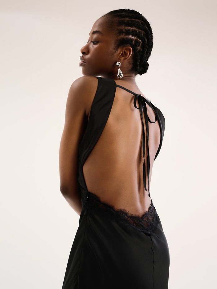 v neck black satin maxi dress with lace detailing and low back