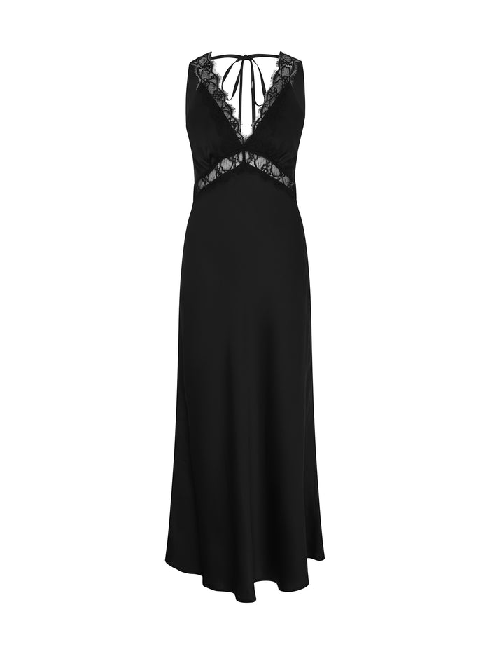 v neck black satin maxi dress with lace detailing and low back