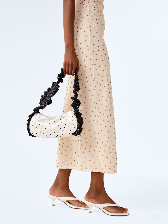 Azorez Frill Shoulder Bag in Black Polka Dot and White Polka Dot