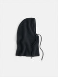A black Cashmere Balaclava with ribbed knit and two strings, shown flat on a white background.