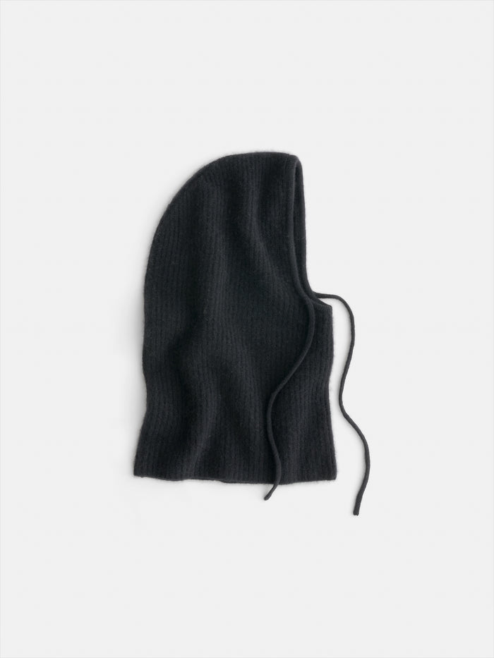A black Cashmere Balaclava with ribbed knit and two strings, shown flat on a white background.