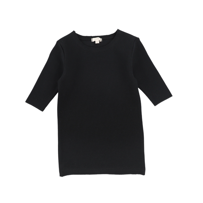 Basic Ribbed Three Quarter Sleeve Tee - Black