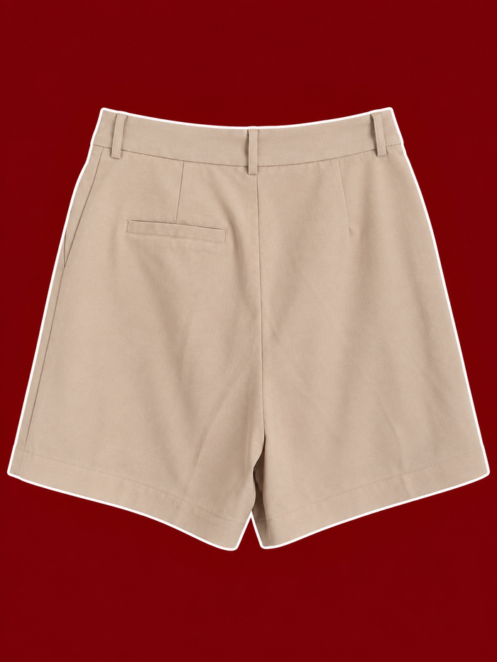 Beige Pleated Tailored Shorts