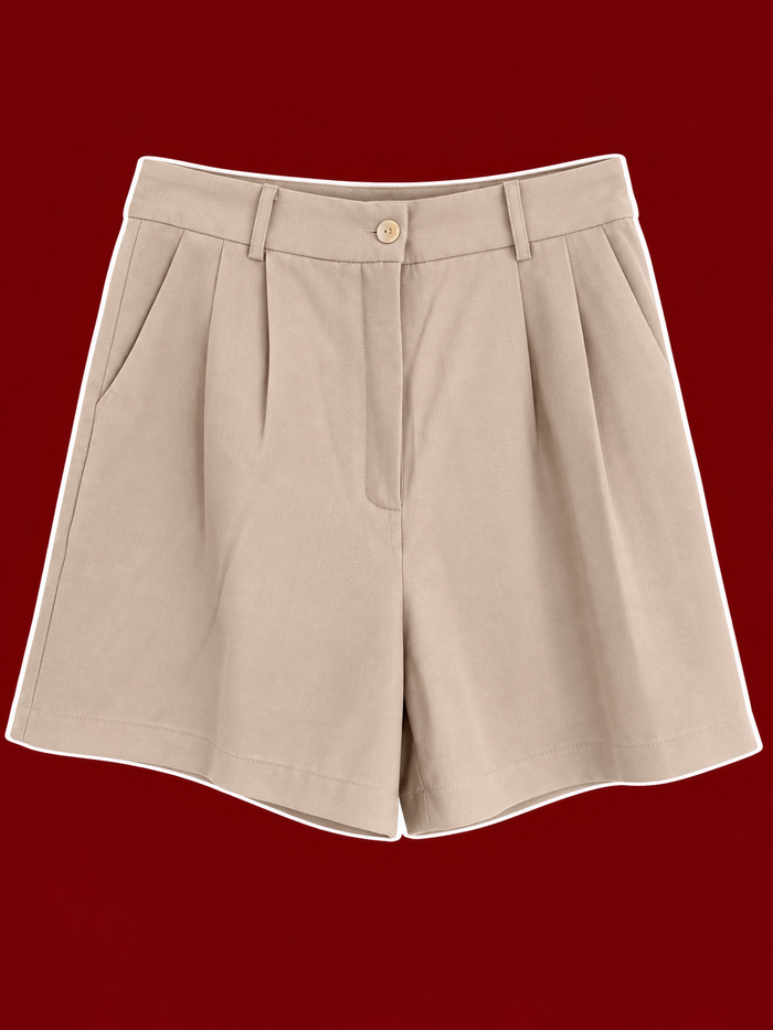 Beige Pleated Tailored Shorts