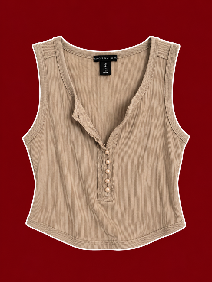 Beige Ribbed Button-Front Tank
