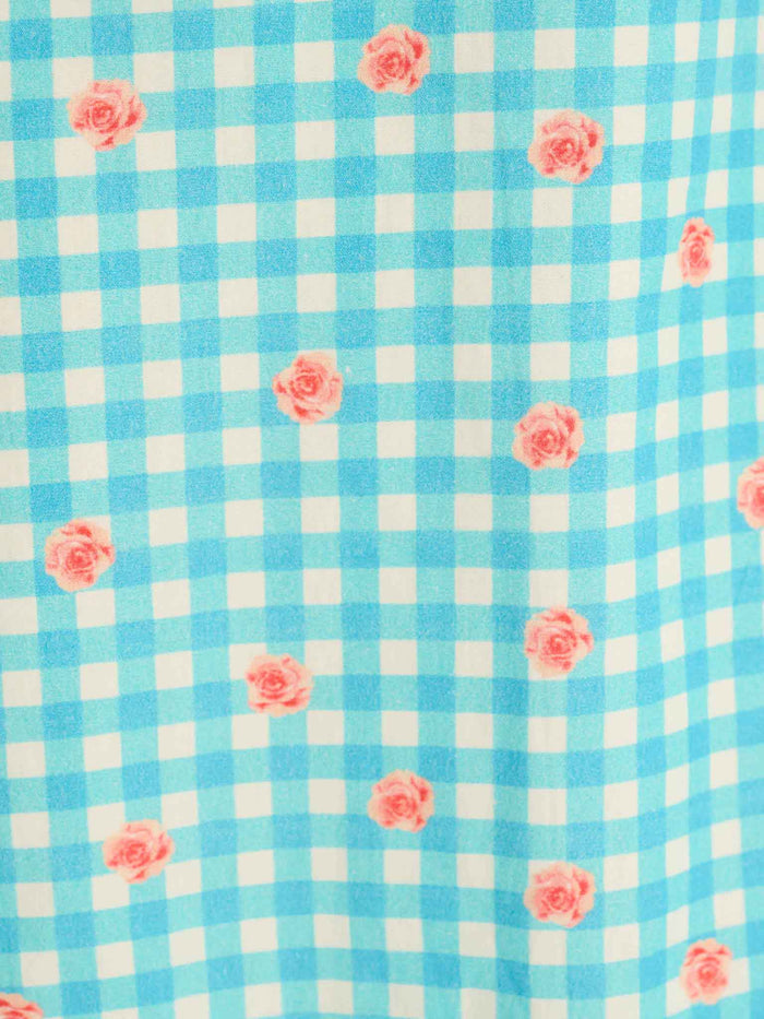 Beverley Floral Gingham Printed Frill Cuff Midi Dress in Blue