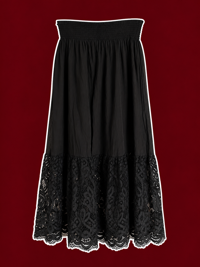 Black Lace Hem Smocked Maxi Skirt