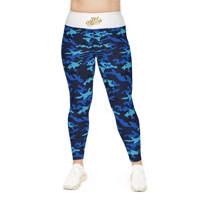 Blue Camo Plus Size Leggings — Subtle Side Script Graphic, Comfortable Everyday Activewear - 314 Originals