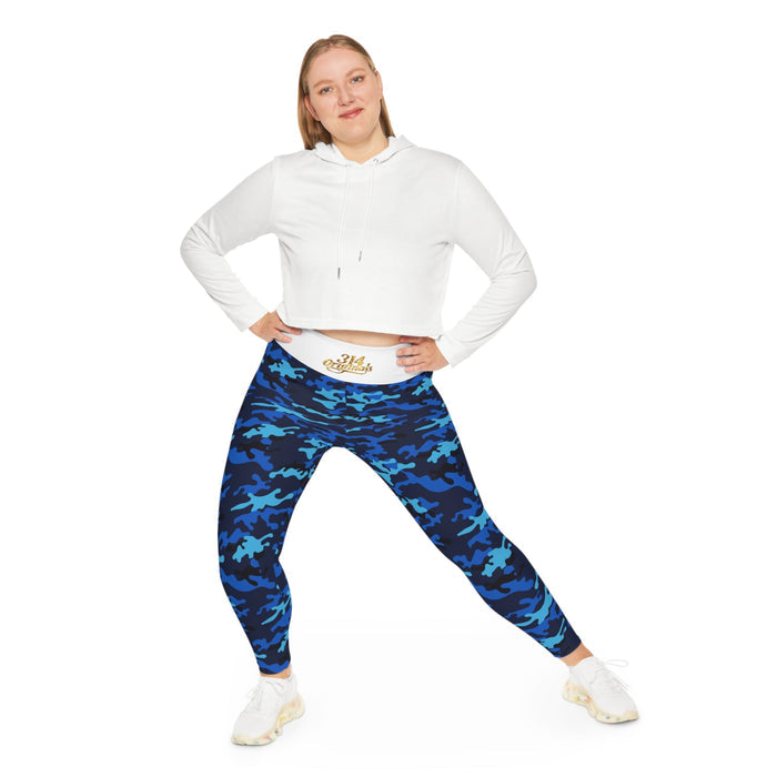 Blue Camo Plus Size Leggings — Subtle Side Script Graphic, Comfortable Everyday Activewear - 314 Originals