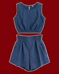 Blue Two-Piece Cropped Top + High-Waisted Shorts Set