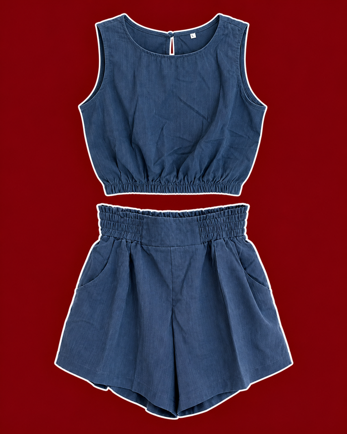Blue Two-Piece Cropped Top + High-Waisted Shorts Set