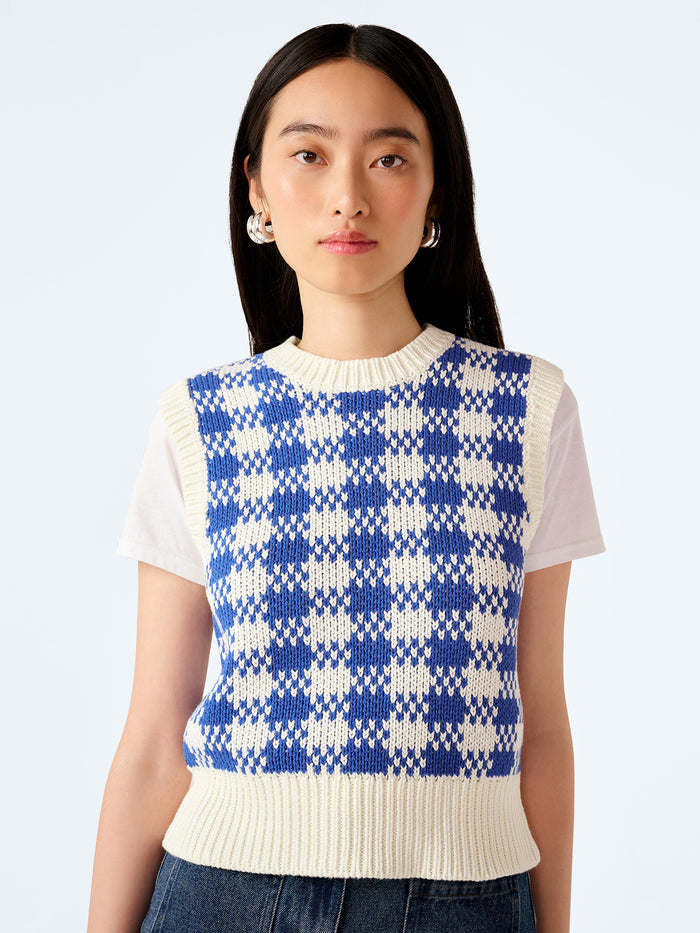 Bob Checked Vest in Blue and Cream