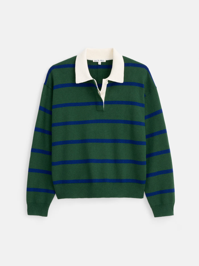 The Bond St Striped Polo in Cotton Cashmere, a green long-sleeve knit sweater with blue horizontal stripes and a white collar, features a relaxed fit and is crafted from a soft cotton cashmere blend. It lays flat on a white background.