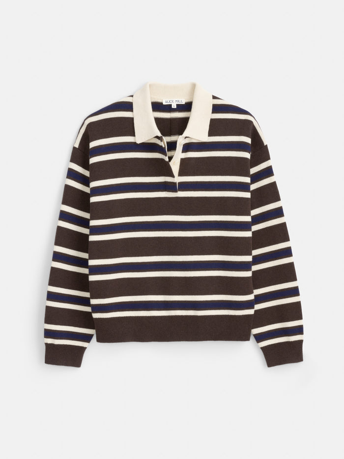 Introducing the Bond St. Striped Polo in Cotton Cashmere: a relaxed fit, rugby-inspired pullover featuring brown, cream, and navy horizontal stripes, a contrasting cream collar, and a partial button placket. Expertly crafted from a soft cotton cashmere blend for enhanced comfort, this versatile piece combines the oversized feel of your favorite sweater with enduring style.