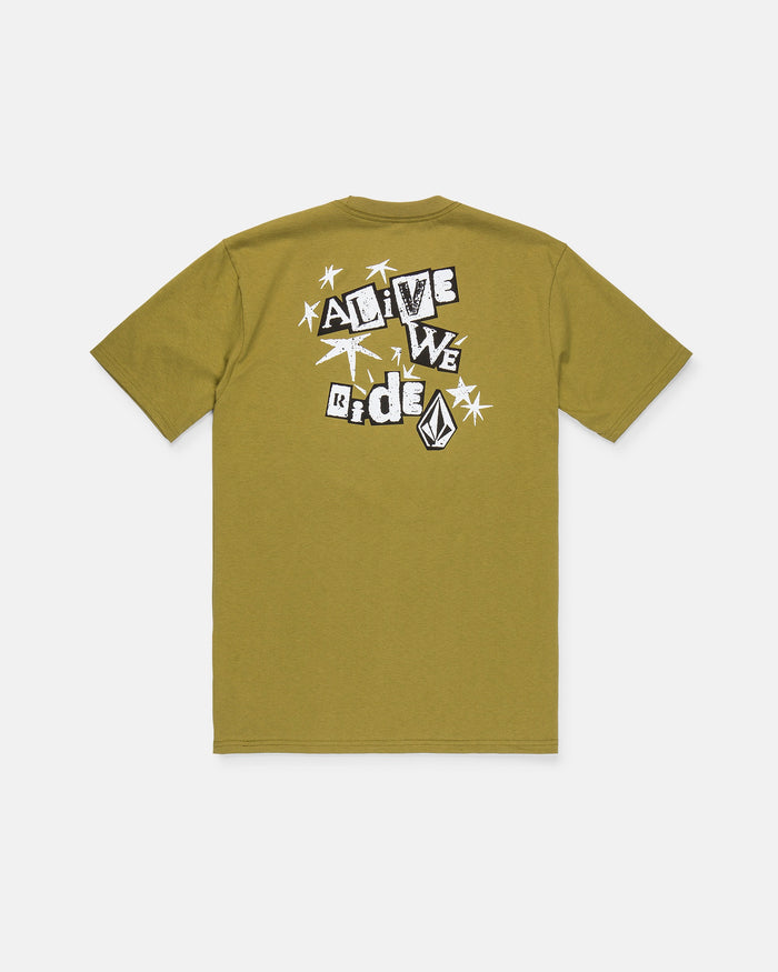 Introducing the Boy's Alive We Ride Short Sleeve Tee from Volcom—a classic olive green tee for boys, featuring "ALIVE WE RIDE" in bold black-and-white lettering and eye-catching white star graphics on the back. Made from premium ring-spun cotton for outstanding comfort, this shirt also includes a small abstract logo near the text and a soft-hand screen print for an extra-smooth feel.
