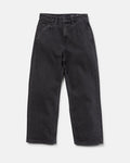 A pair of Volcom Boy's Big Boys' Billow Denim II Pants, featuring a high-waisted, loose fit design with front and back pockets, displayed flat on a white background.