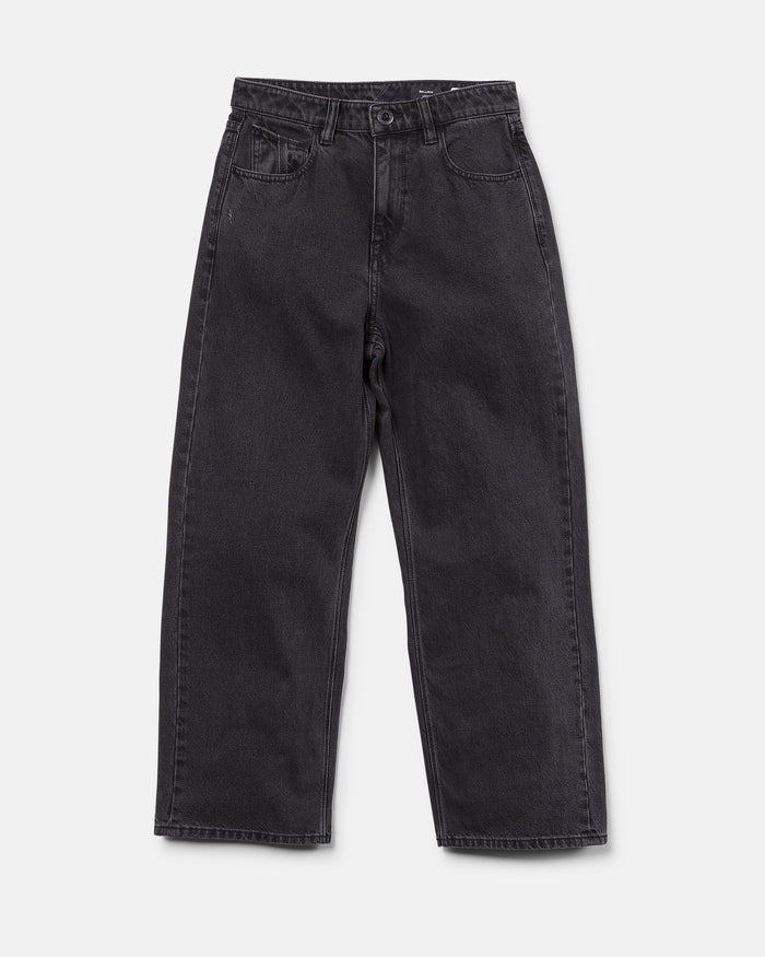 A pair of Volcom Boy's Big Boys' Billow Denim II Pants, featuring a high-waisted, loose fit design with front and back pockets, displayed flat on a white background.
