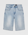 Volcom Kids' Billow Denim Shorts in light blue feature a faded wash, classic five-pocket design, belt loops, and a button-zip closure in a flattering low-rise fit, shown laid flat on a white background.