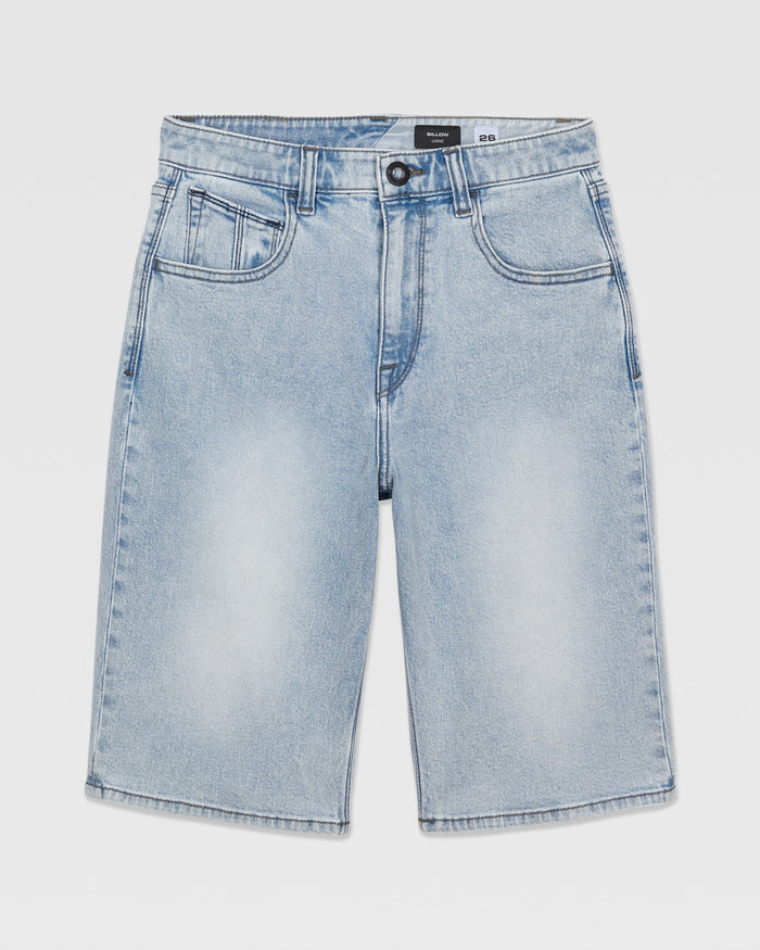 Volcom Kids' Billow Denim Shorts in light blue feature a faded wash, classic five-pocket design, belt loops, and a button-zip closure in a flattering low-rise fit, shown laid flat on a white background.