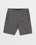 A pair of gray Kids' Frickin Cross Shred Static Shorts by Volcom, knee-length with front pockets, belt loops, and button closure, laid flat on a white background.