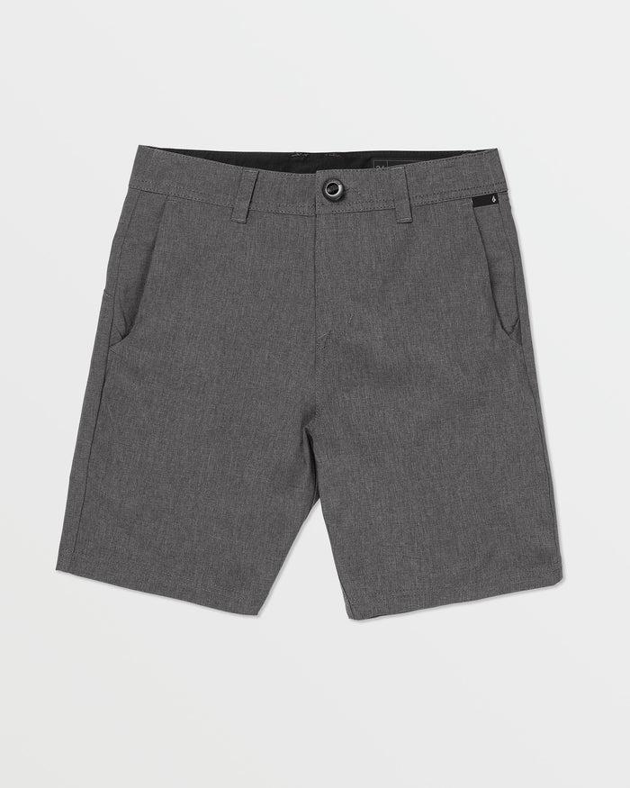 A pair of gray Kids' Frickin Cross Shred Static Shorts by Volcom, knee-length with front pockets, belt loops, and button closure, laid flat on a white background.