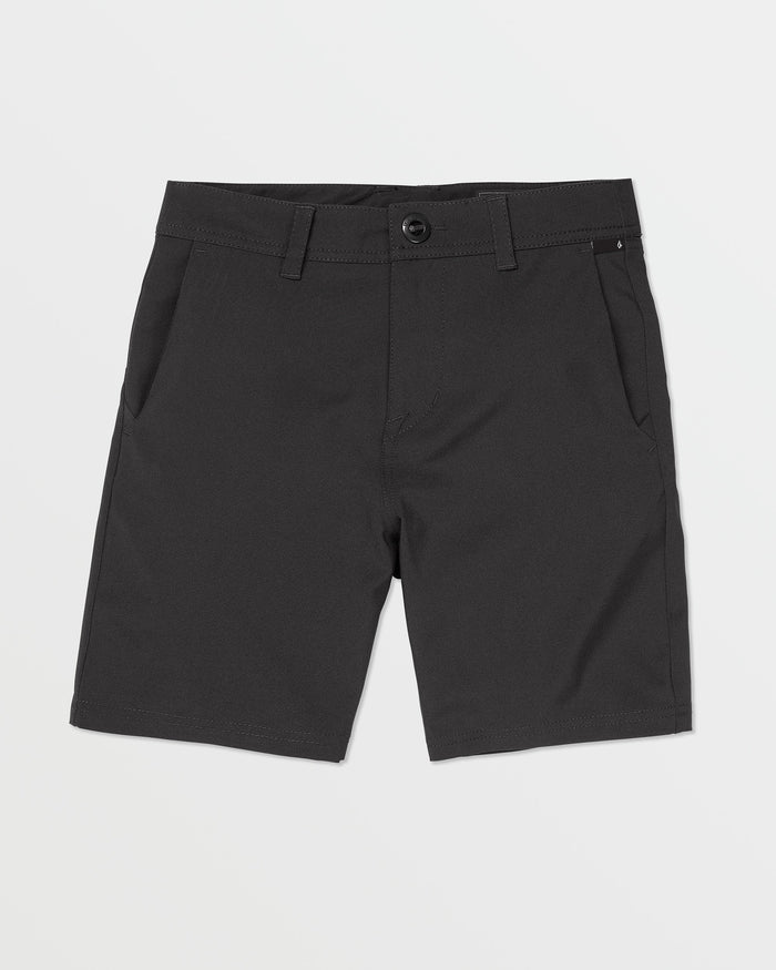 Volcom Kids' Big Boys Frickin Cross Shred Static Shorts, black knee-length with belt loops, side pockets, and button closure, displayed flat on a white background.