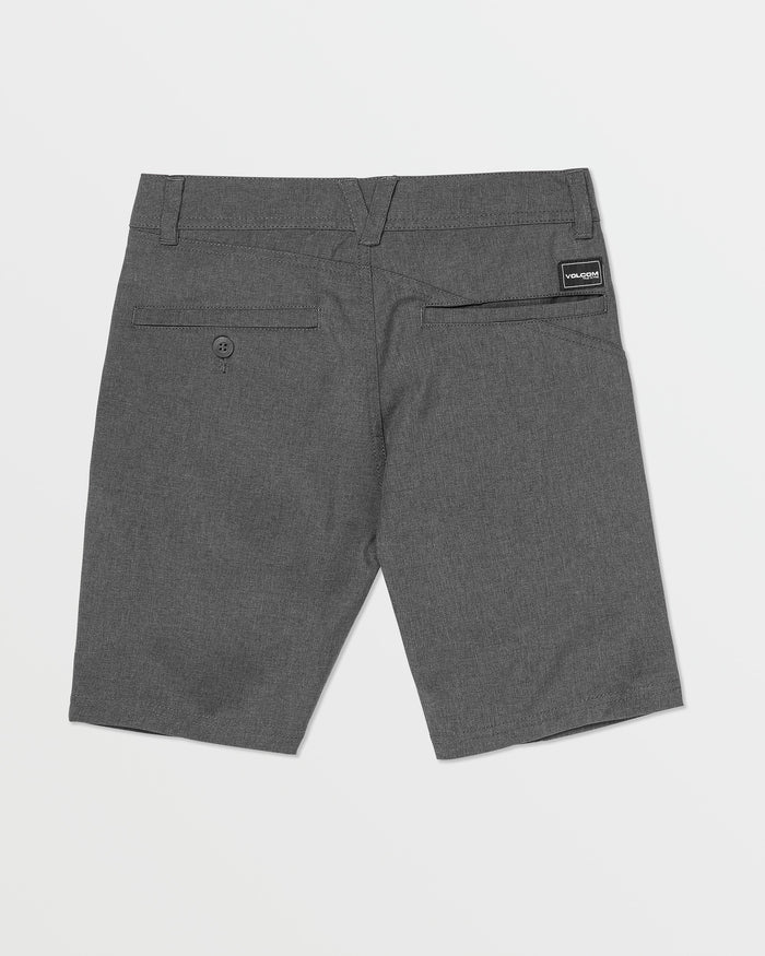 The Volcom Kids' Frickin Cross Shred Static Shorts in gray are shown from the back, featuring two rear pockets (one with a button), a black Volcom label above the right pocket, and made with recycled polyester for durability and stretch.