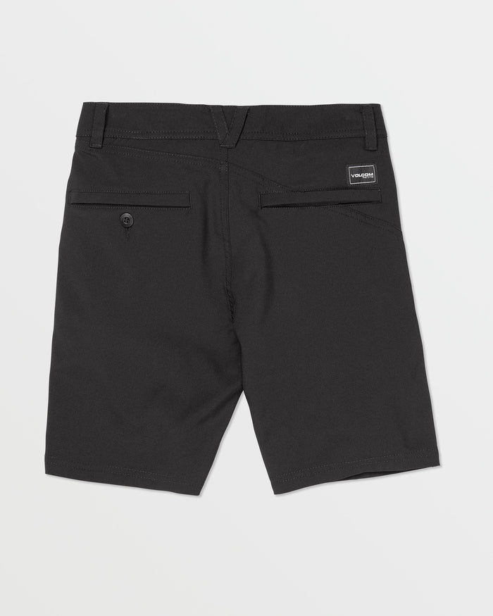 Shown from the back, the Volcom Kids' Big Boys Frickin Cross Shred Static Shorts feature belt loops, two rear welt pockets (one with a button), a brand label above the right pocket, and are made with recycled polyester for comfort.
