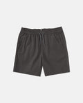 Volcom Kids' Big Boys' Frickin Elastic Waist Shorts in charcoal gray, made from recycled poly-cotton with a drawstring tie, side pockets, and front button detail, shown on a plain white background.