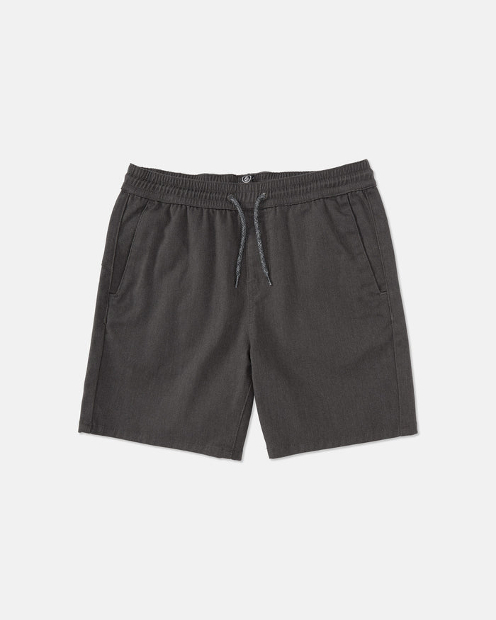 Volcom Kids' Big Boys' Frickin Elastic Waist Shorts in charcoal gray, made from recycled poly-cotton with a drawstring tie, side pockets, and front button detail, shown on a plain white background.