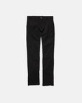 The Volcom Kids' Big Boys' Frickin Modern Stretch Pants are black chinos made with REPREVE recycled fibers, featuring belt loops, a button closure, and side pockets, shown on a plain white background.