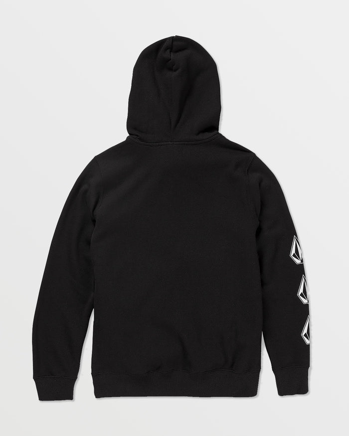 The Volcom Kids' Iconic Stone Pullover is a black fleece youth hoodie made with recycled polyester, featuring a plain back and three white geometric logos vertically aligned on the right sleeve.