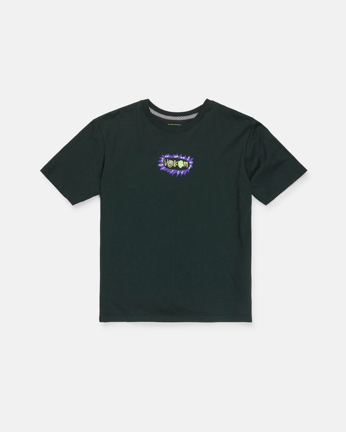 A black Boy's Featured Artist Ozzy 2 Short Sleeve Tee by Volcom, featuring a small, colorful "Venom" comic-style graphic with a jagged burst design on the left chest. Made from premium ring spun cotton for comfort and durability, this classic fit shirt is shown laid flat on a white background.