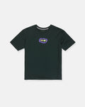 A black Boy's Featured Artist Ozzy 2 Short Sleeve Tee by Volcom, featuring a small, colorful "Venom" comic-style graphic with a jagged burst design on the left chest. Made from premium ring spun cotton for comfort and durability, this classic fit shirt is shown laid flat on a white background.