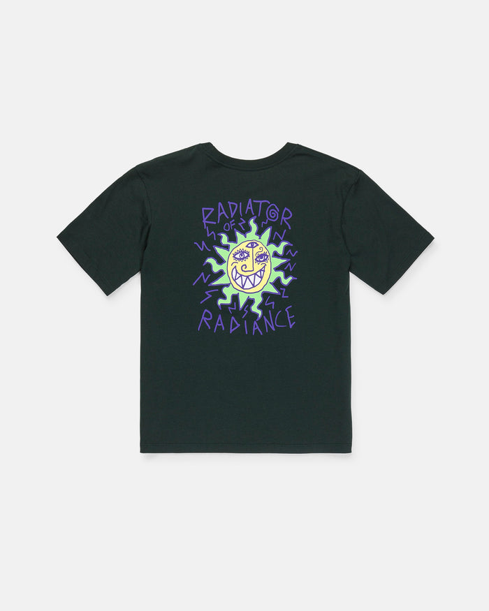The Volcom Boy's Featured Artist Ozzy 2 Short Sleeve Tee showcases a black design with a striking graphic on the back—a yellow sun with a face encircled by purple zigzag lines. "RADIATOR" appears above, and "OF RADIANCE" below in bold, stylized purple letters. Crafted from premium ring spun cotton for a soft feel and classic fit, this tee highlights Ozzy Wrong’s signature artistic style.