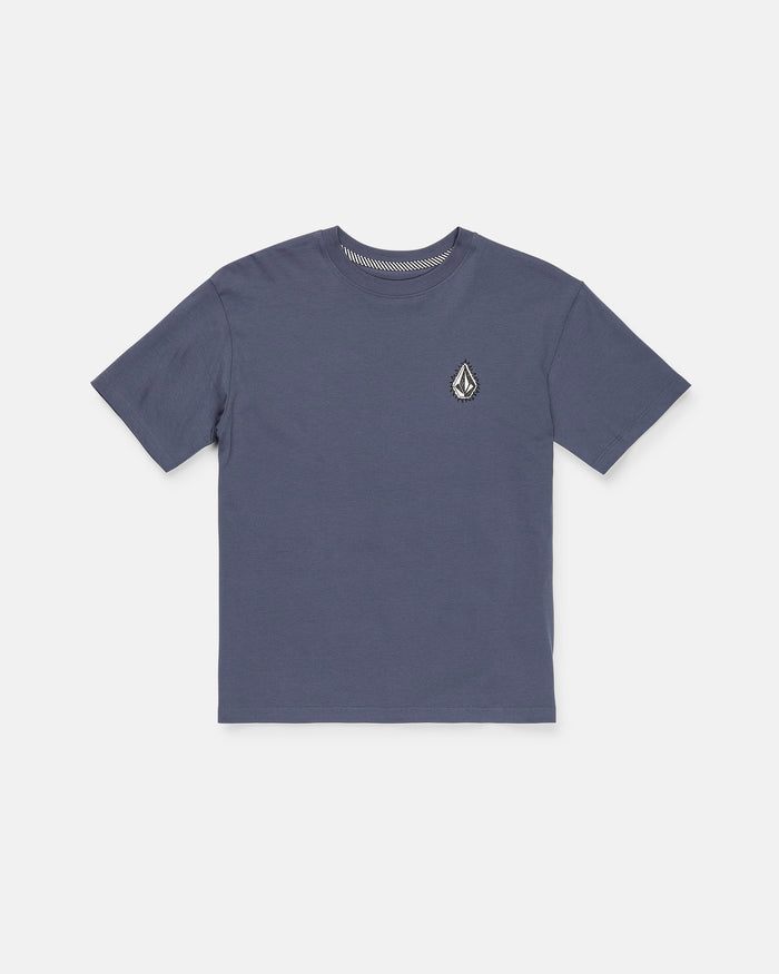 A Boy's Freshman Short Sleeve Tee by Volcom, featuring a plain dark blue design with short sleeves, made from premium ring-spun cotton, and accented with a small white and black embroidered logo on the left chest, displayed flat on a white background.